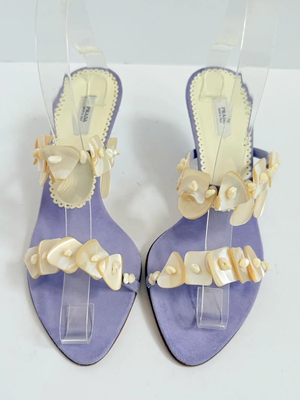 Rare 2003 Prada Archive Glicine Shell Embellished Suede Kitten Heel Mules EU 37